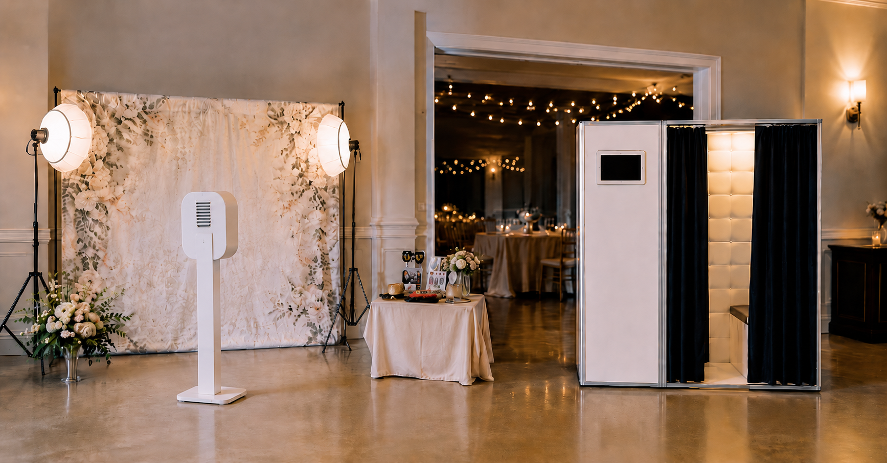 Generated event scene showing an open-air photo booth setup beside an enclosed photo booth