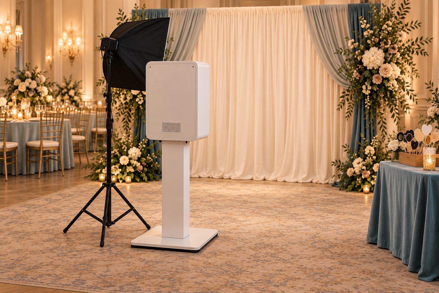 AI-generated illustration of a wedding photo booth setup