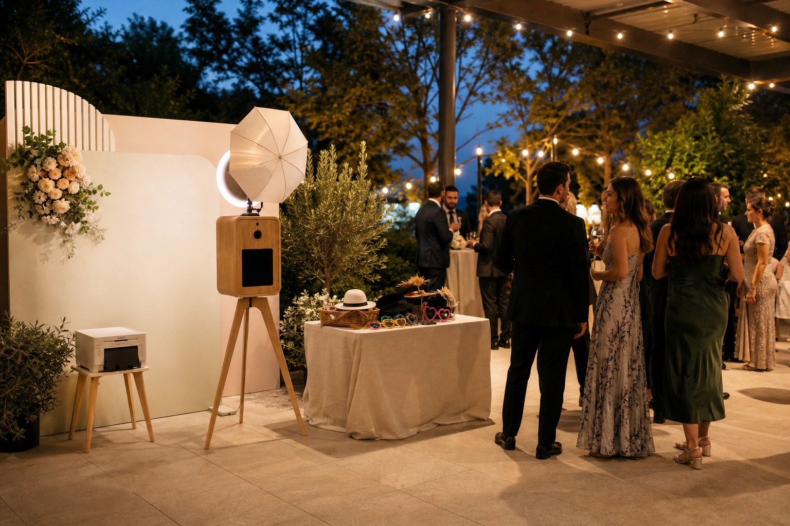 Open-air wedding photo booth set up near cocktail hour at a reception